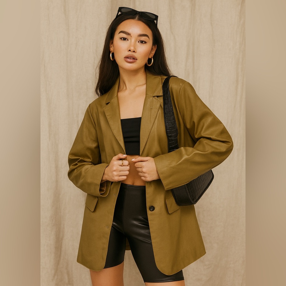 ASOS DESIGN Faux Leather Blazer in Olive Green Size 8